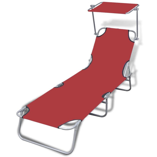 Folding Sun Lounger with Canopy Steel and Fabric Red Aookn