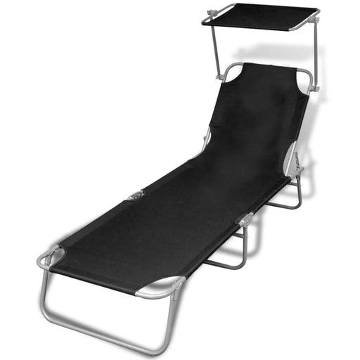 Folding Sun Lounger with Canopy Steel and Fabric Black Aooki