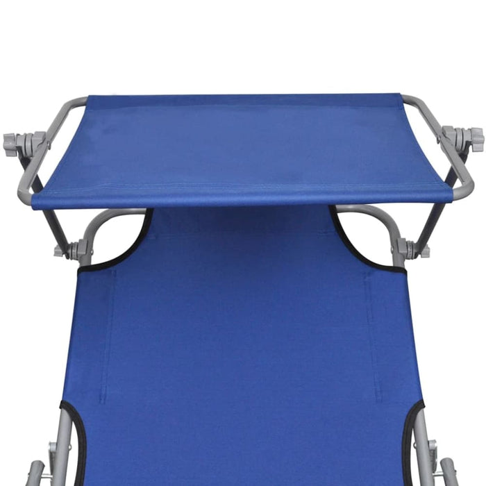 Folding Sun Lounger with Canopy Steel and Fabric Blue Aookl