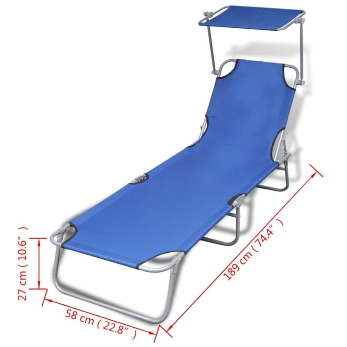 Folding Sun Lounger with Canopy Steel and Fabric Blue Aookl