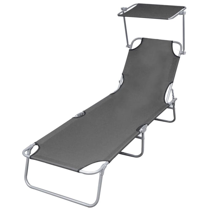 Folding Sun Lounger with Canopy Steel Grey Aaxko
