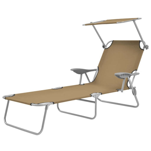 Folding Sun Lounger with Canopy Steel Taupe Aaxki