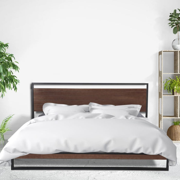 Bed Frame With Headboard Black Wood Steel Platform - Single
