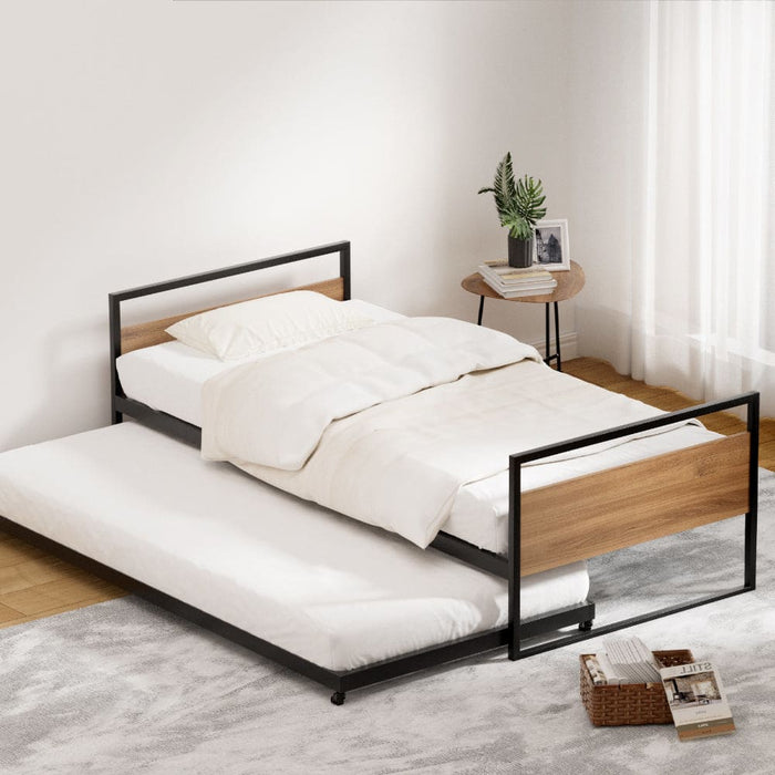 Bed Frame Metal Base with Trundle Daybed Wooden Headboard