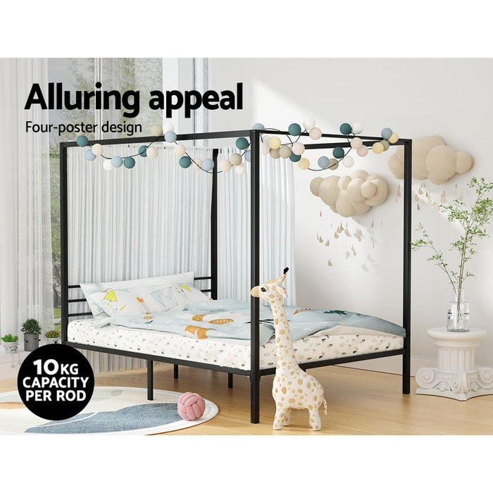 Bed Frame Metal Four-poster Platform Base Double Size Black