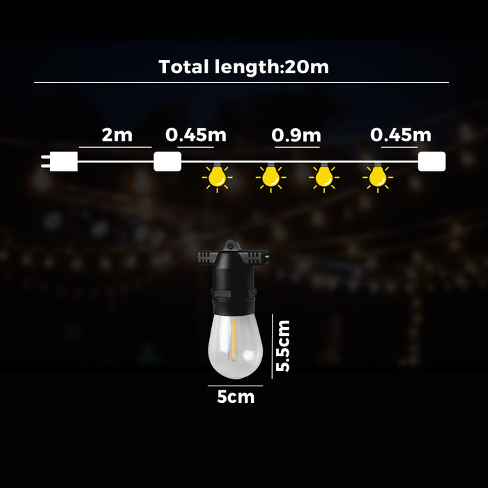 20M Led Festoon String Lights Christmas Wedding Party Outdoor Waterproof