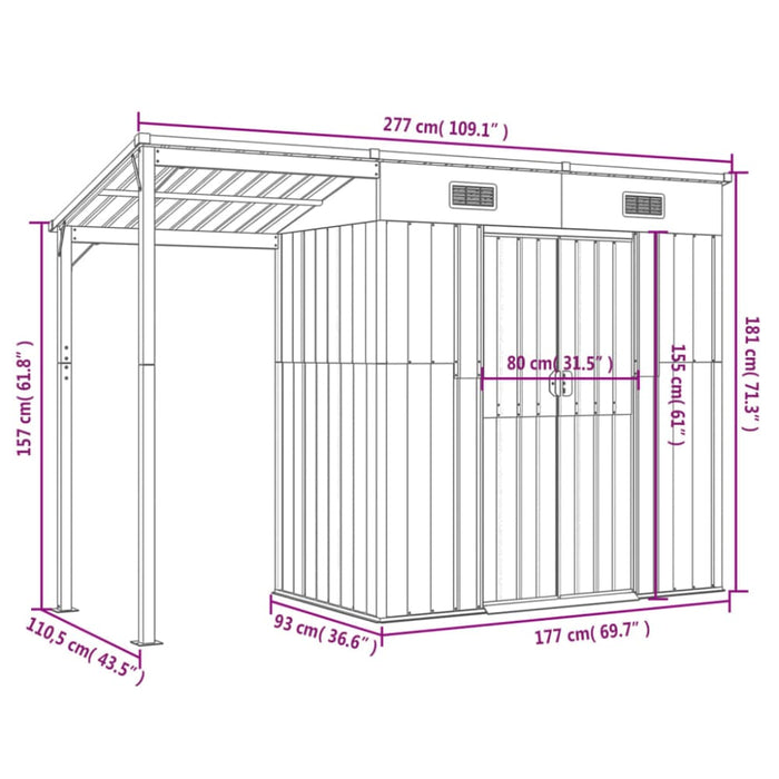 Garden Shed With Extended Roof Brown 277x110.5x181 Cm Steel