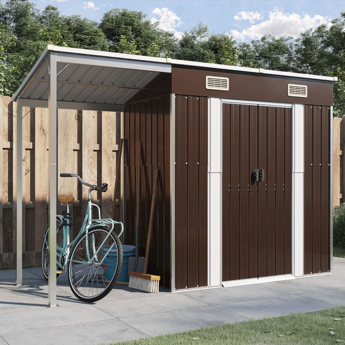 Garden Shed With Extended Roof Brown 277x110.5x181 Cm Steel