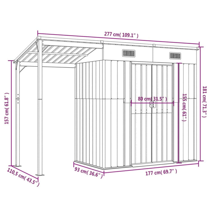 Garden Shed With Extended Roof Green 277x110.5x181 Cm Steel