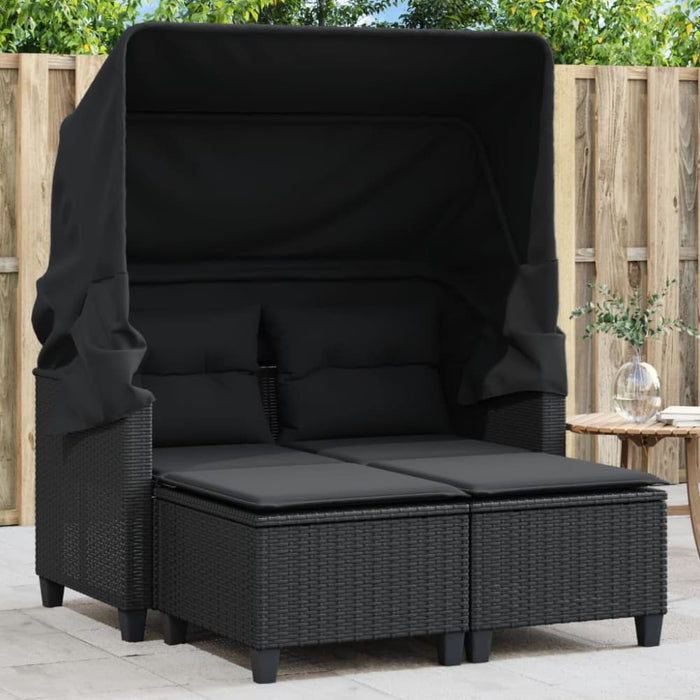 Garden Sofa 2-seater with Canopy and Stools Black Poly