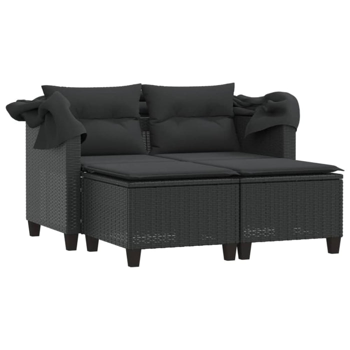 Garden Sofa 2-seater with Canopy and Stools Black Poly