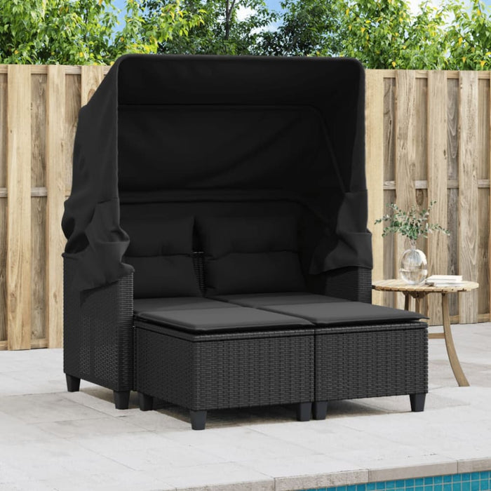 Garden Sofa 2-seater with Canopy and Stools Black Poly
