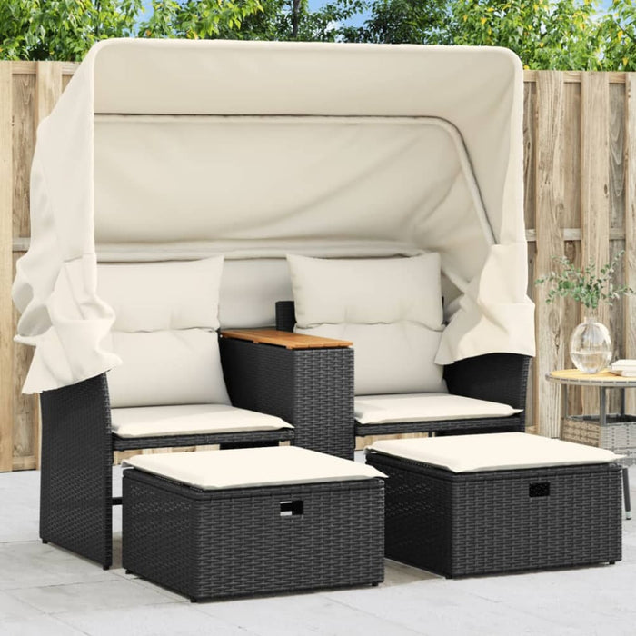 Garden Sofa 2-seater with Canopy and Stools Black Poly