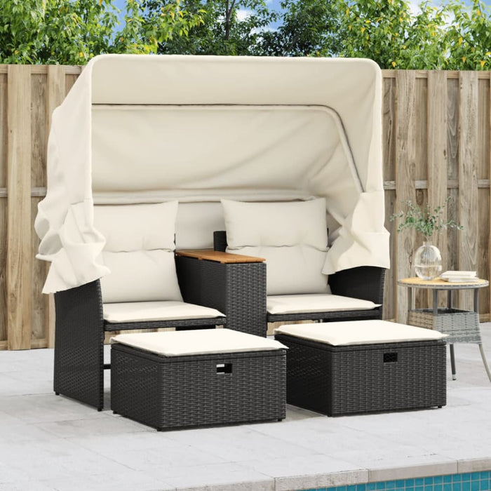 Garden Sofa 2-seater with Canopy and Stools Black Poly
