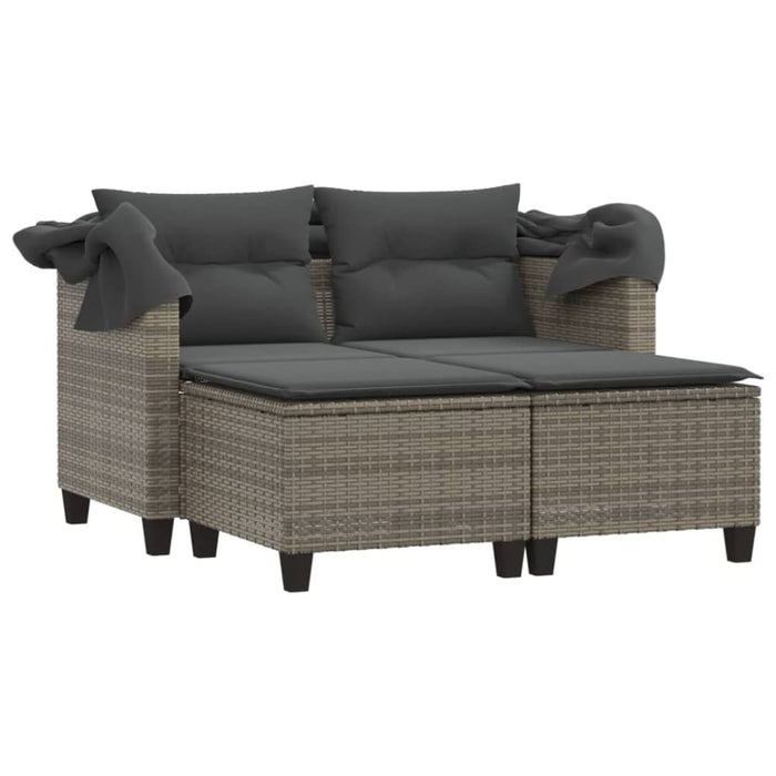 Garden Sofa 2-seater with Canopy and Stools Grey Poly