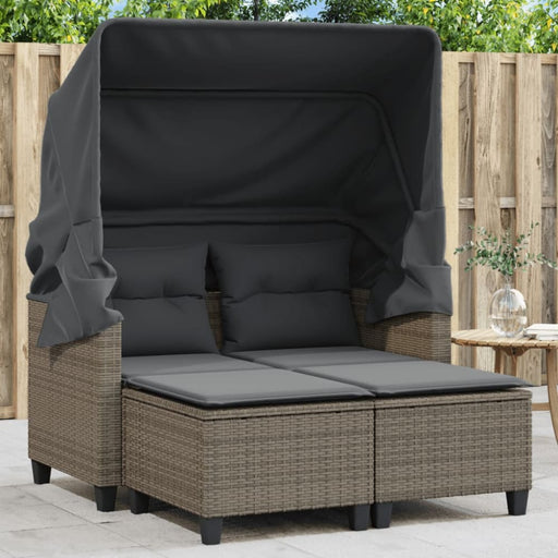 Garden Sofa 2-seater with Canopy and Stools Grey Poly