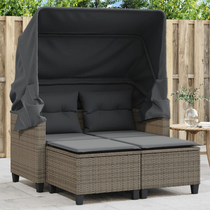 Garden Sofa 2-seater with Canopy and Stools Grey Poly