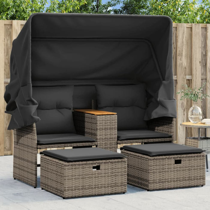 Garden Sofa 2-seater with Canopy and Stools Grey Poly