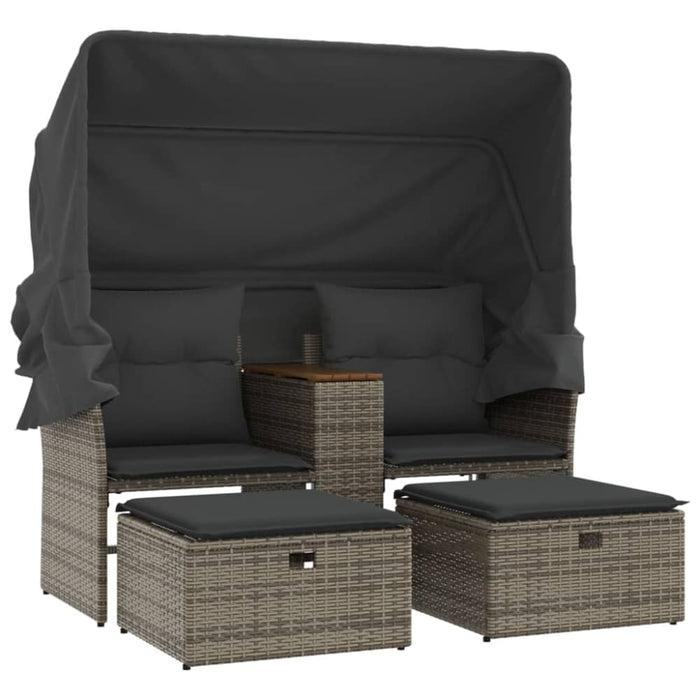 Garden Sofa 2-seater with Canopy and Stools Grey Poly