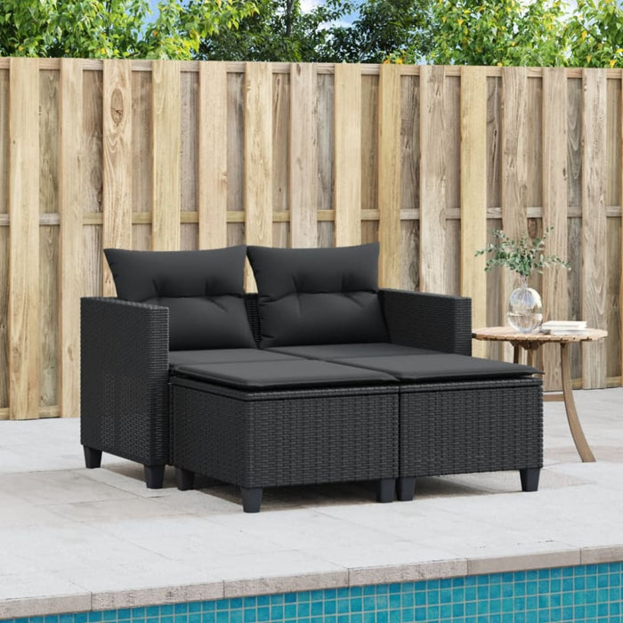 Garden Sofa 2-seater with Stools Black Poly Rattan Tlpiko