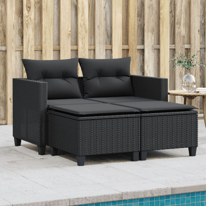 Garden Sofa 2-seater with Stools Black Poly Rattan Tlpiko