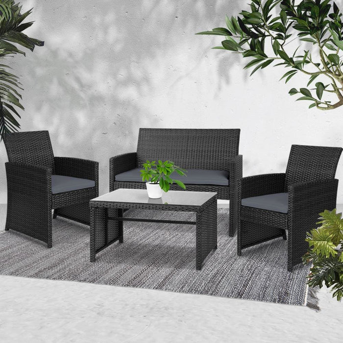 Gardeon Set Of 4 Outdoor Wicker Chairs & Table - Black