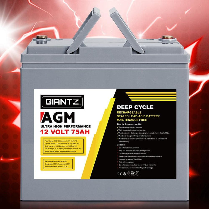 Giantz 75ah Deep Cycle Battery 12v Agm Marine Sealed Power