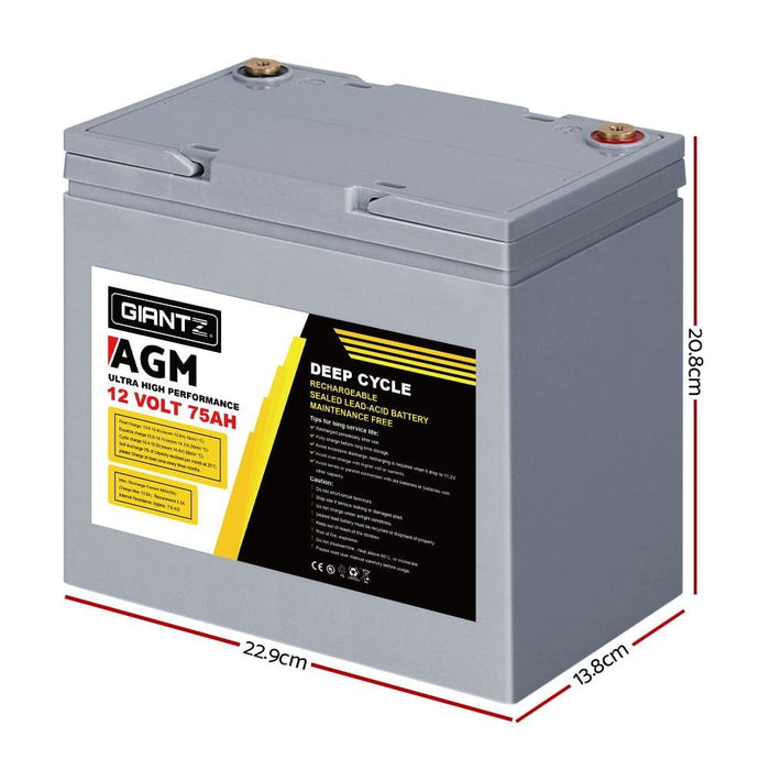 Giantz 75ah Deep Cycle Battery 12v Agm Marine Sealed Power