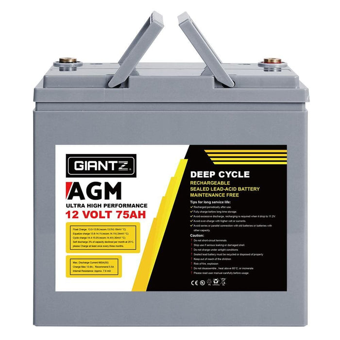 Giantz 75ah Deep Cycle Battery 12v Agm Marine Sealed Power