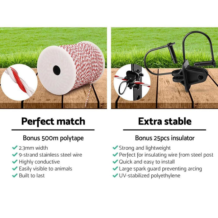 Giantz 8km Solar Electric Fence Energiser Charger with 500m