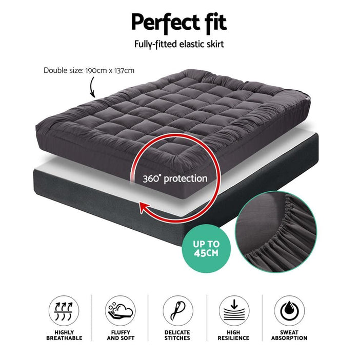 Giselle Double Mattress Topper Pillowtop 1000gsm Charcoal
