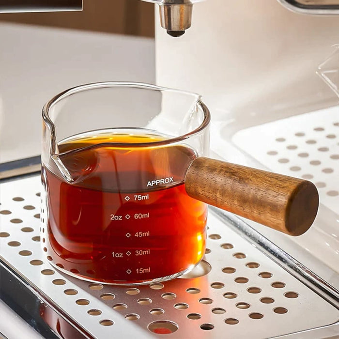 Glass Espresso Measuring Cup with Wood Handle