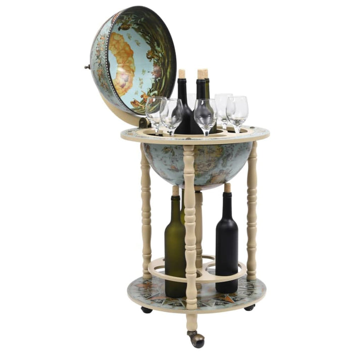 Globe Bar Wine Stand Eucalyptus Wood Blue Txbkbl