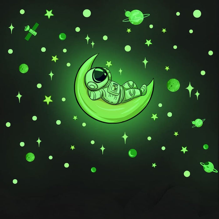 Glow In The Dark Astronaut On Moon With Planet & Stars Wall