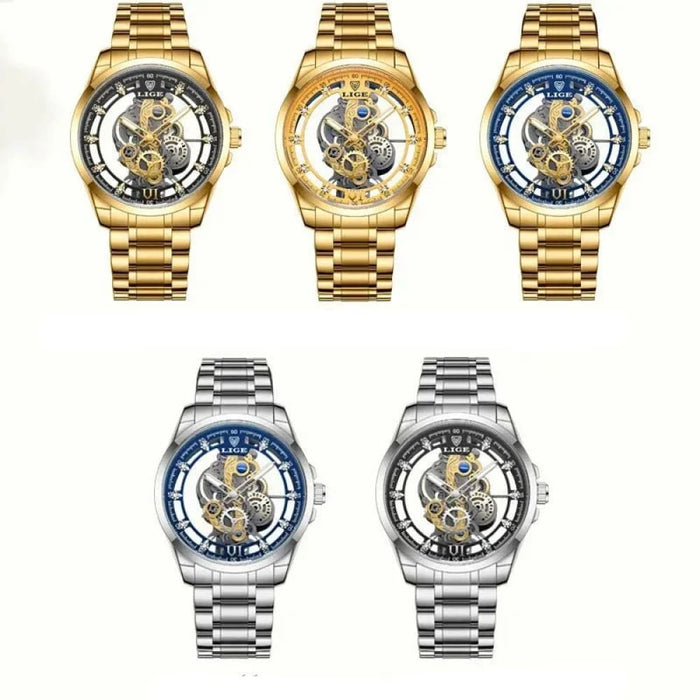 Gold Skeleton Retro Mens Watch Luxury Quartz Timepiece