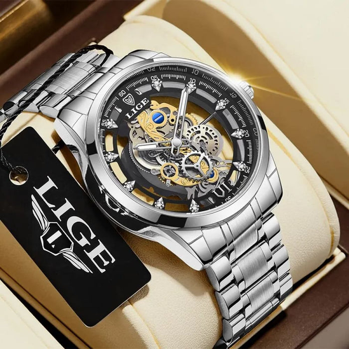 Gold Skeleton Retro Mens Watch Luxury Quartz Timepiece