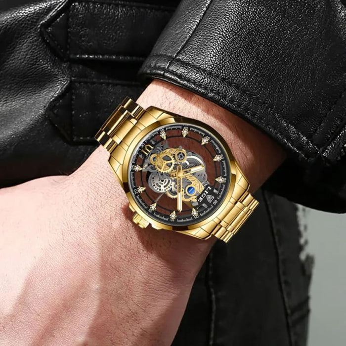 Gold Skeleton Retro Mens Watch Luxury Quartz Timepiece