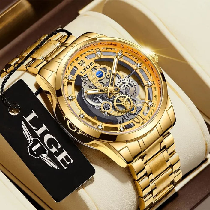 Gold Skeleton Retro Mens Watch Luxury Quartz Timepiece