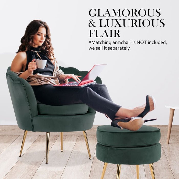 Green Round Ottoman Foot Stool Velvet Fabric Metal Leg