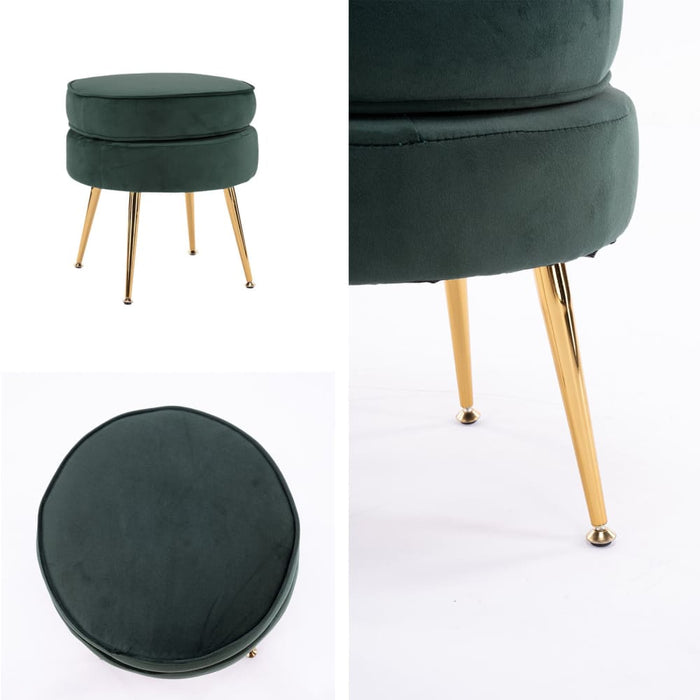 Green Round Ottoman Foot Stool Velvet Fabric Metal Leg