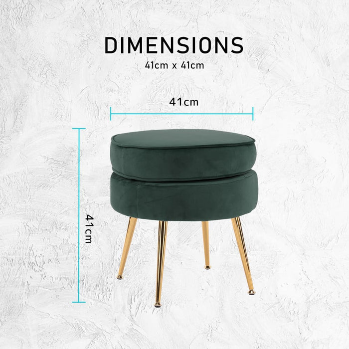 Green Round Ottoman Foot Stool Velvet Fabric Metal Leg