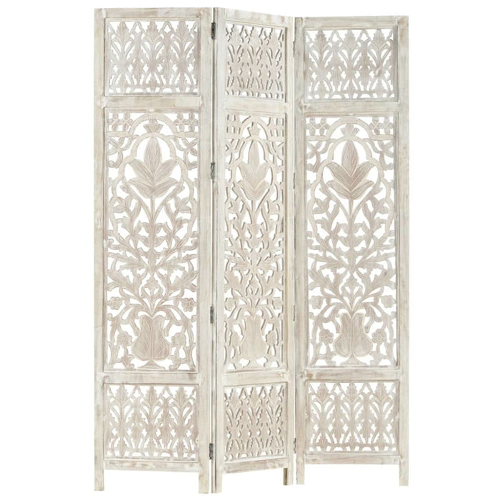 Hand Carved 3-panel Room Divider White 120x165 Cm Solid