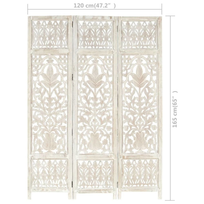 Hand Carved 3-panel Room Divider White 120x165 Cm Solid