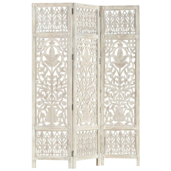 Hand Carved 3-panel Room Divider White 120x165 Cm Solid