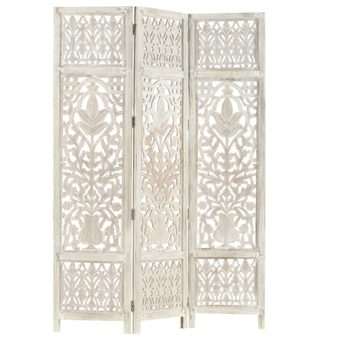 Hand Carved 3-panel Room Divider White 120x165 Cm Solid