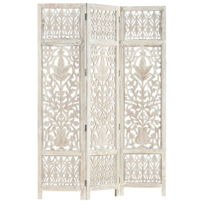 Hand Carved 3-panel Room Divider White 120x165 Cm Solid