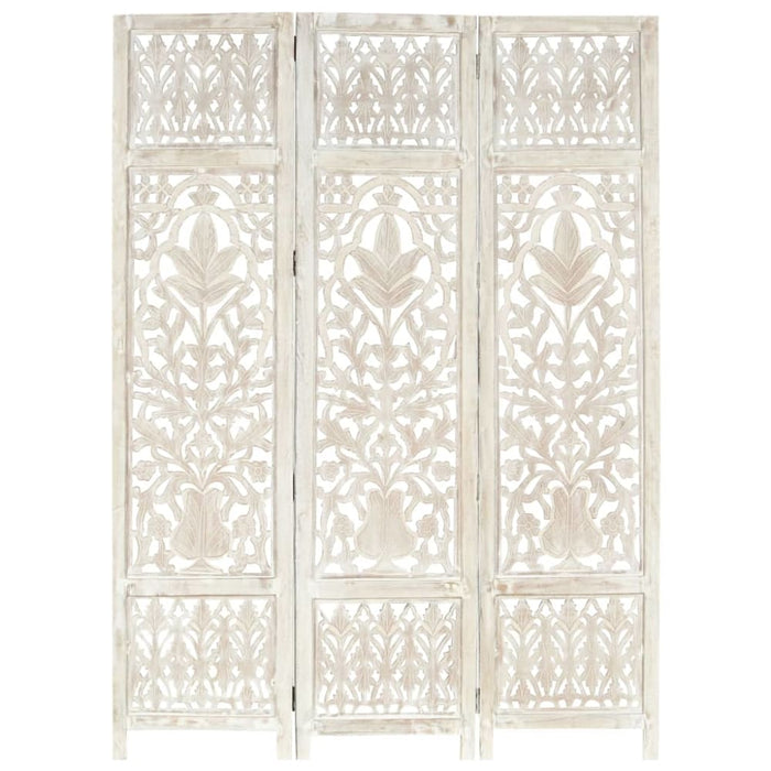 Hand Carved 3-panel Room Divider White 120x165 Cm Solid