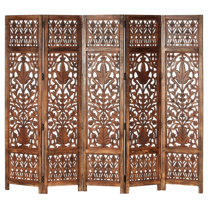 Hand Carved 5-panel Room Divider Brown 200x165 Cm Solid