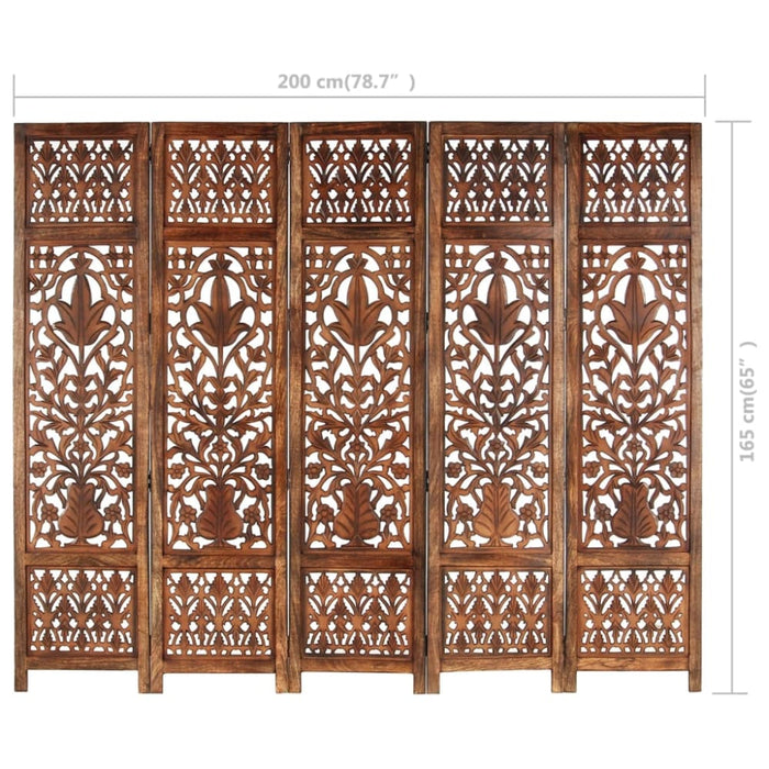 Hand Carved 5-panel Room Divider Brown 200x165 Cm Solid