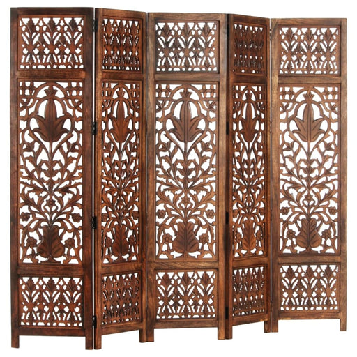 Hand Carved 5-panel Room Divider Brown 200x165 Cm Solid
